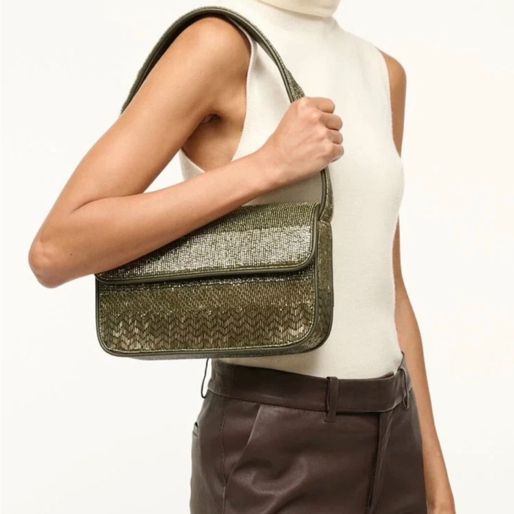 NWT Staud Tommy Monochromatic Bugle Bead Shoulder Bag In Avocado